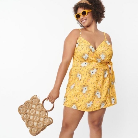 UNIQUE VINTAGE Yellow & Koala Print Lottie Wrap Retro Romper • size XS NWT - Picture 1 of 8